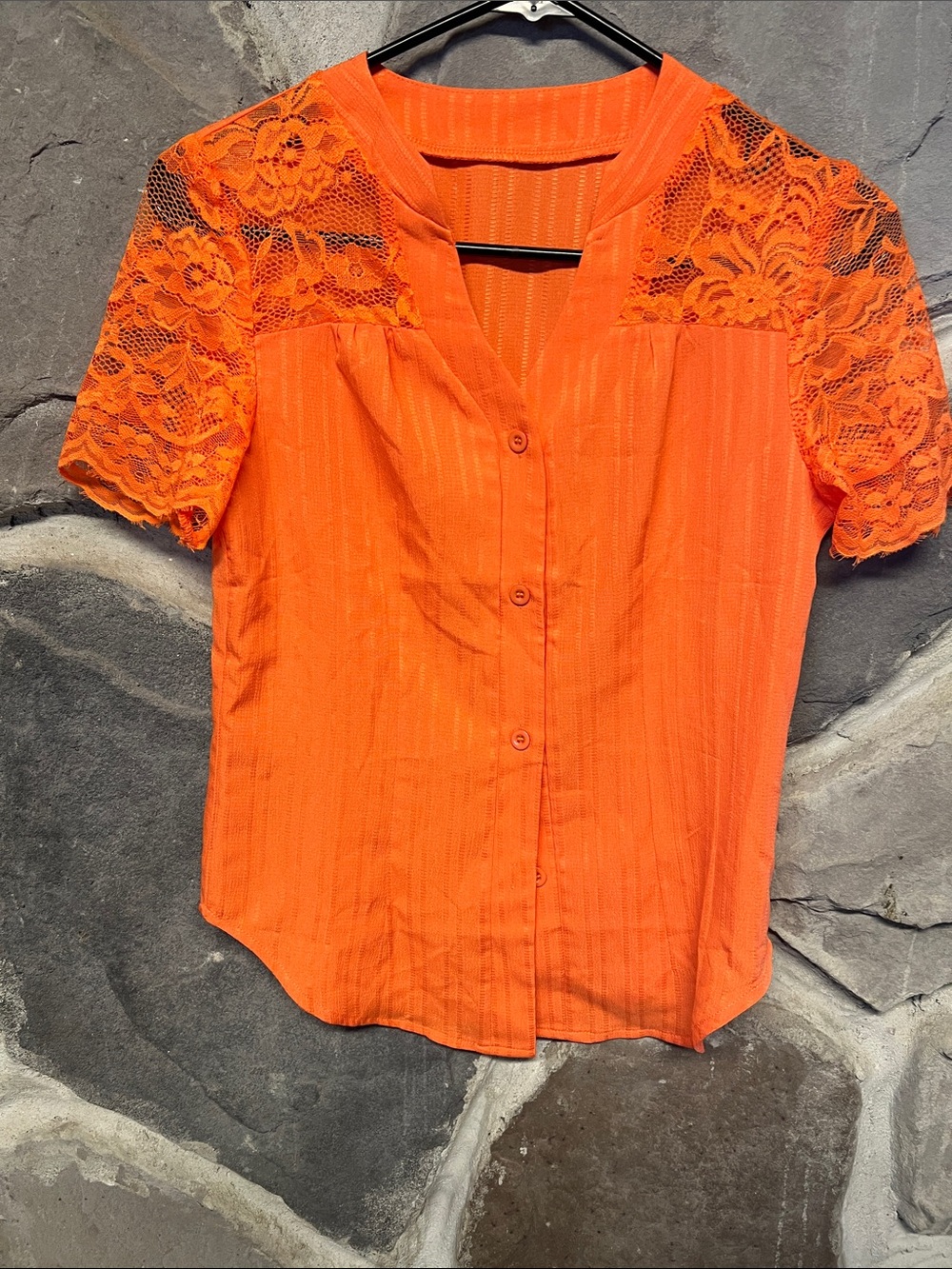 Women's Orange Lace Sleeve Button-Front Top